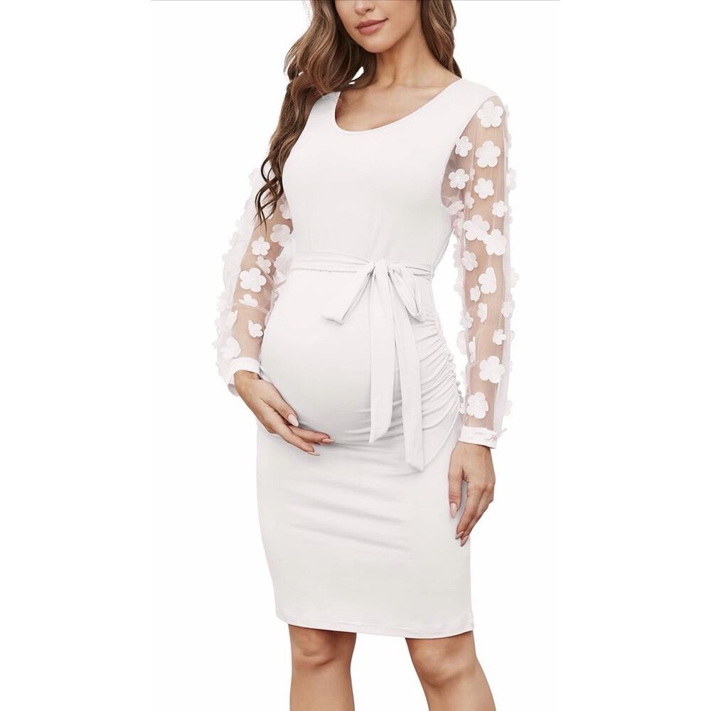 Lahilo Floral Mesh Bishop Long Sleeve Maternity Midi Dress, White XL